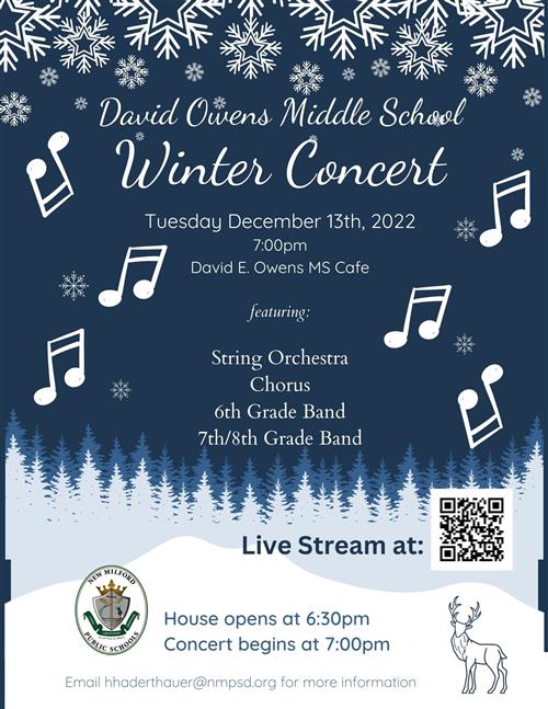 David E Owens Middle School Winter Concert December 13th at 7:00pm at DEO  Cafe 